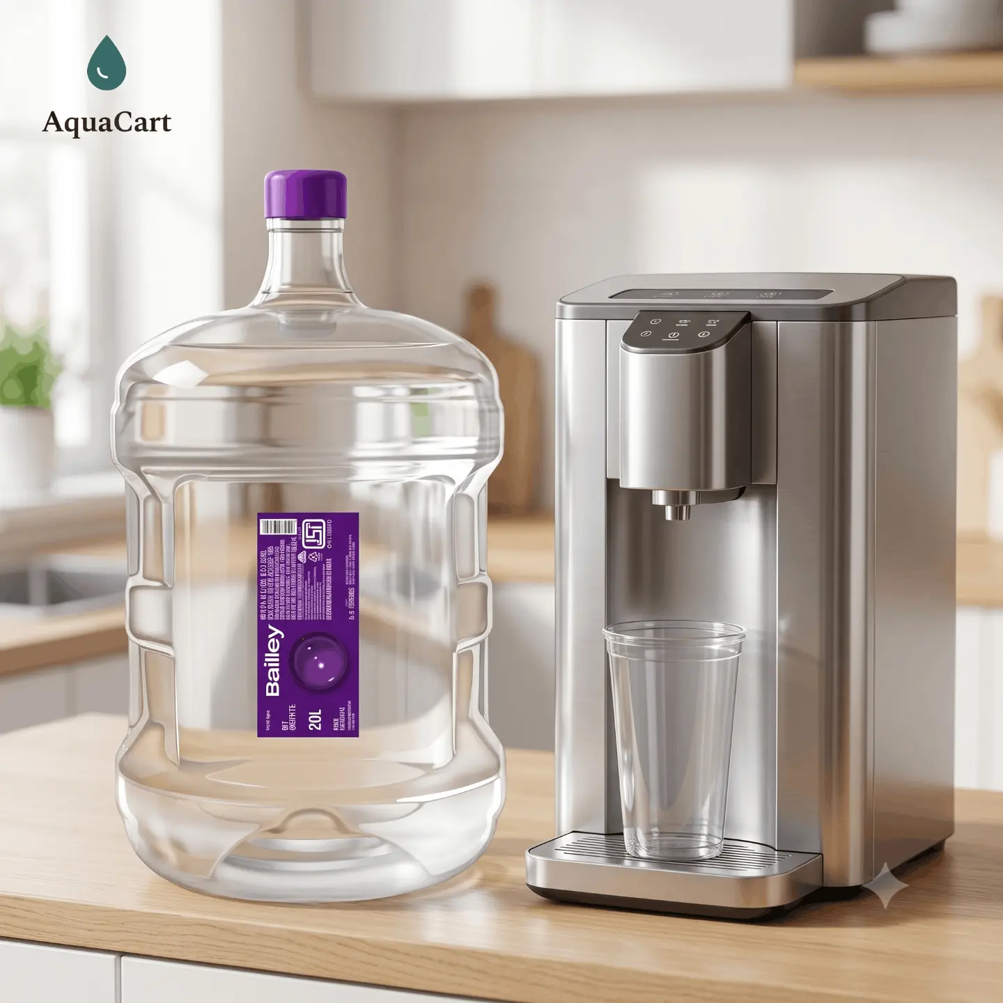 A sealed 20L water can beside a dispenser on a kitchen counter
