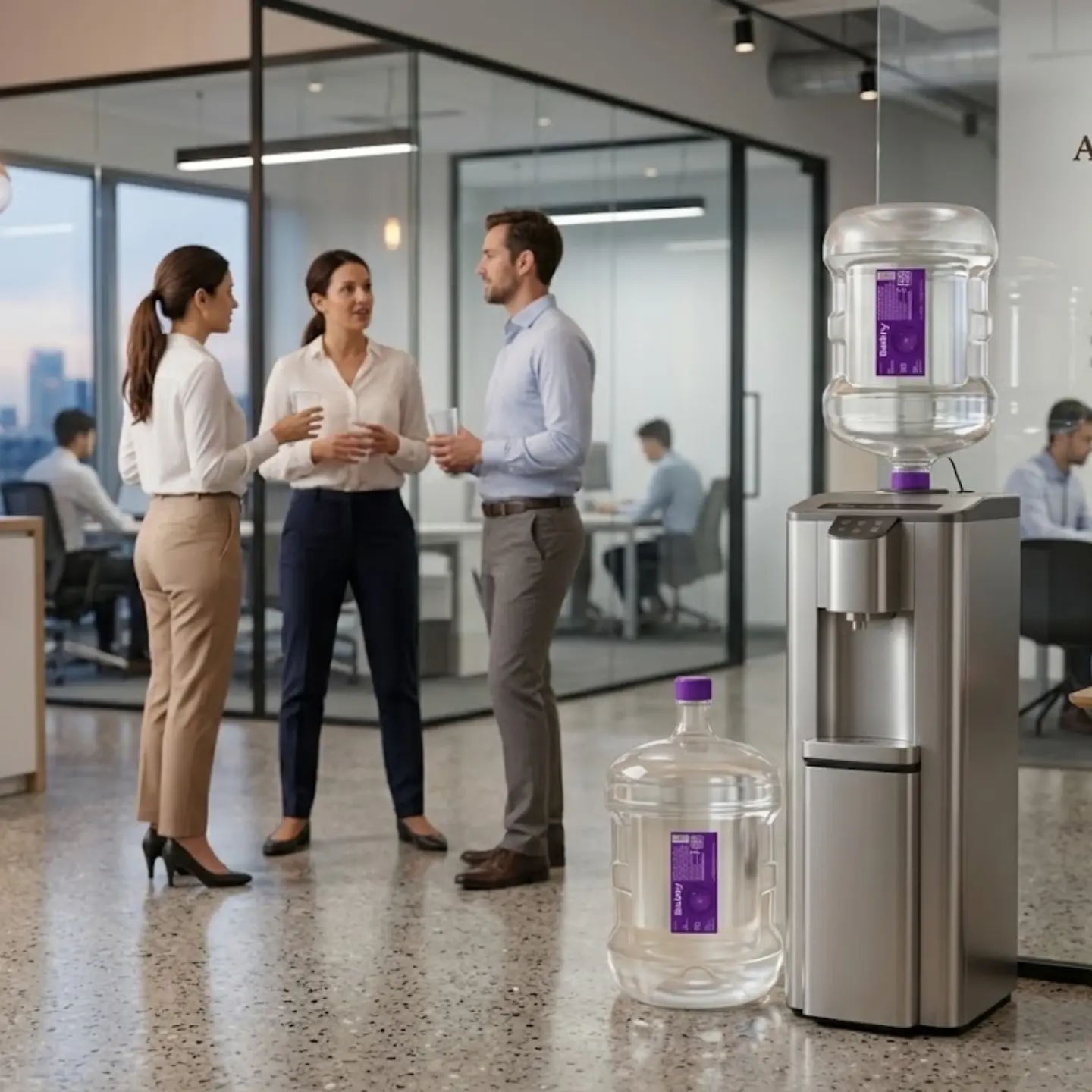 Colleagues at a water dispenser stocked with AquaCart cans in an office