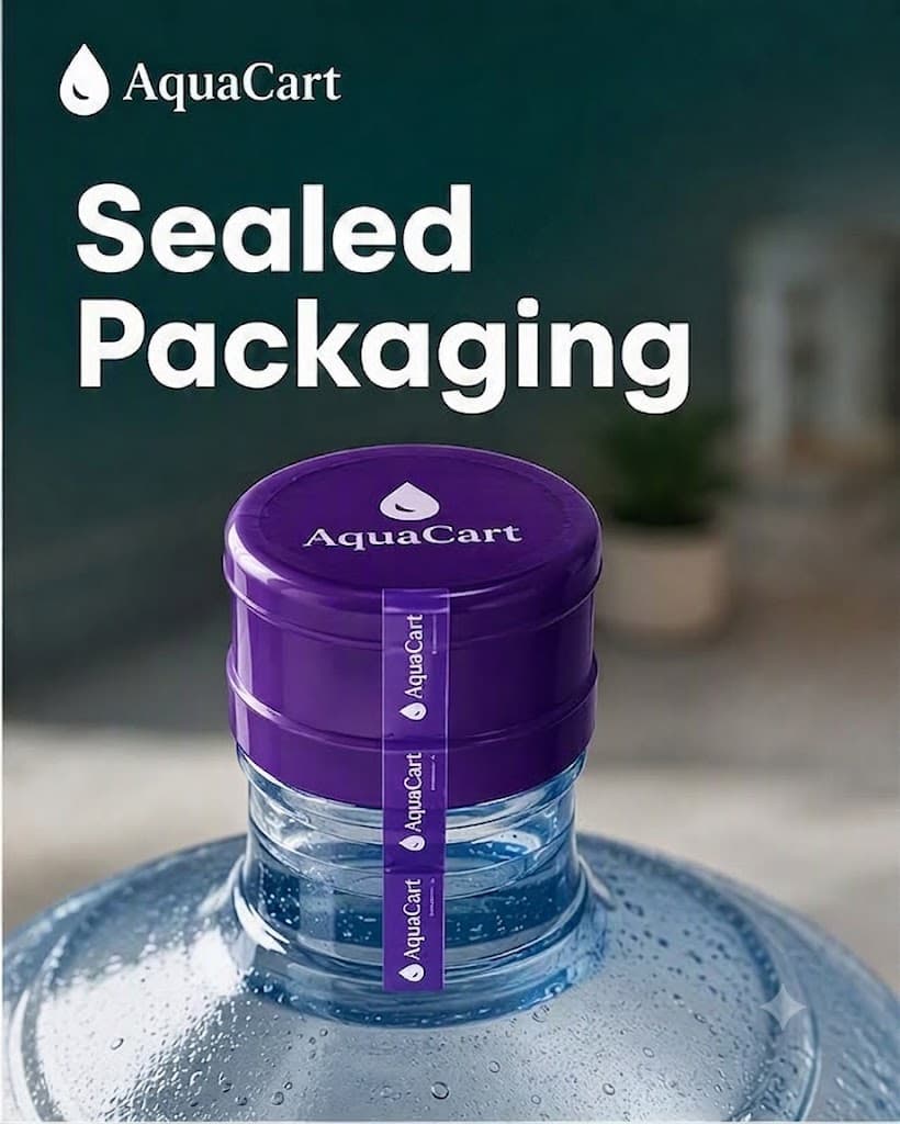 Close-up of the unbroken AquaCart tamper-evident seal on a 20L water can